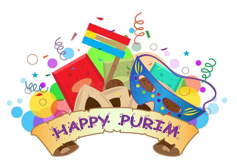 Happy Purim banner with hamantaschen, mask and grogger
