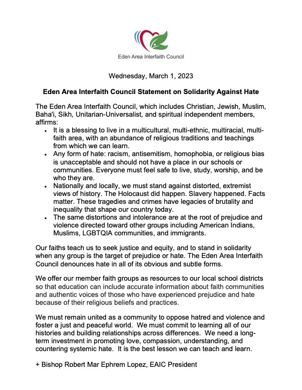 Eden Area Interfaith Council statement on solidarity against hate