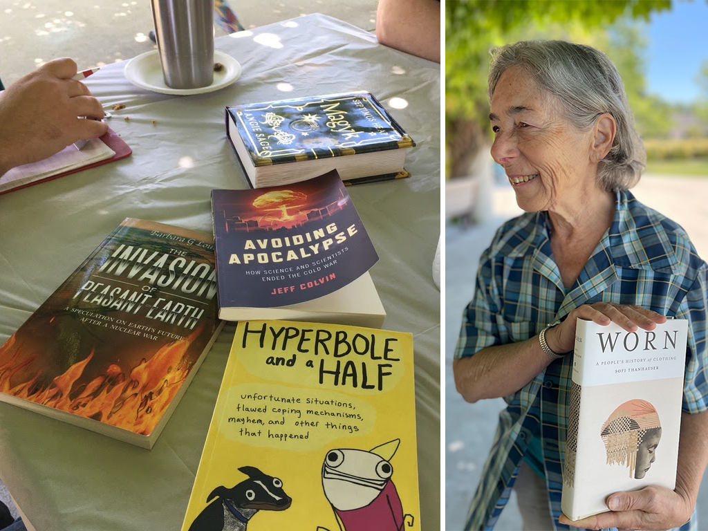 Some of the books we read arranged on a table, and one of our members sharing her favorite book of the year.