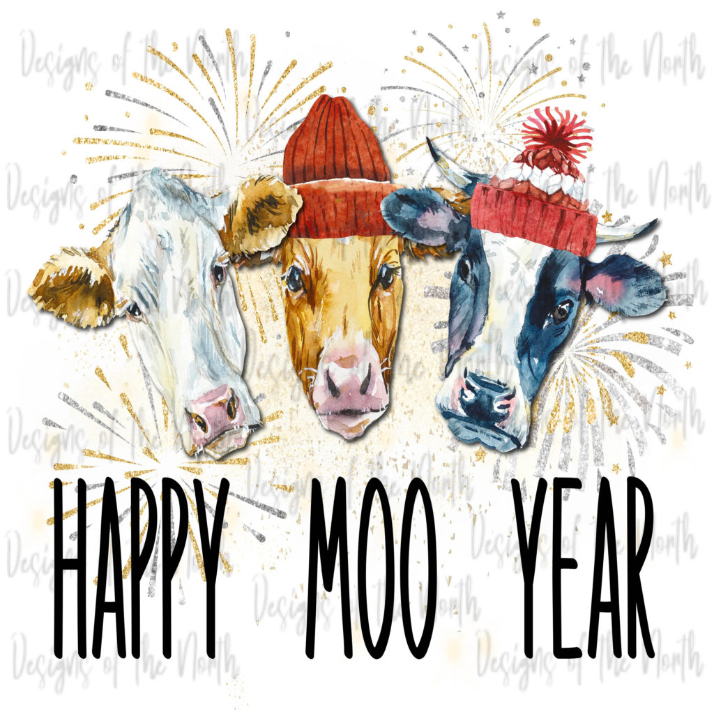 Three cows with the slogan "Happy Moo Year"