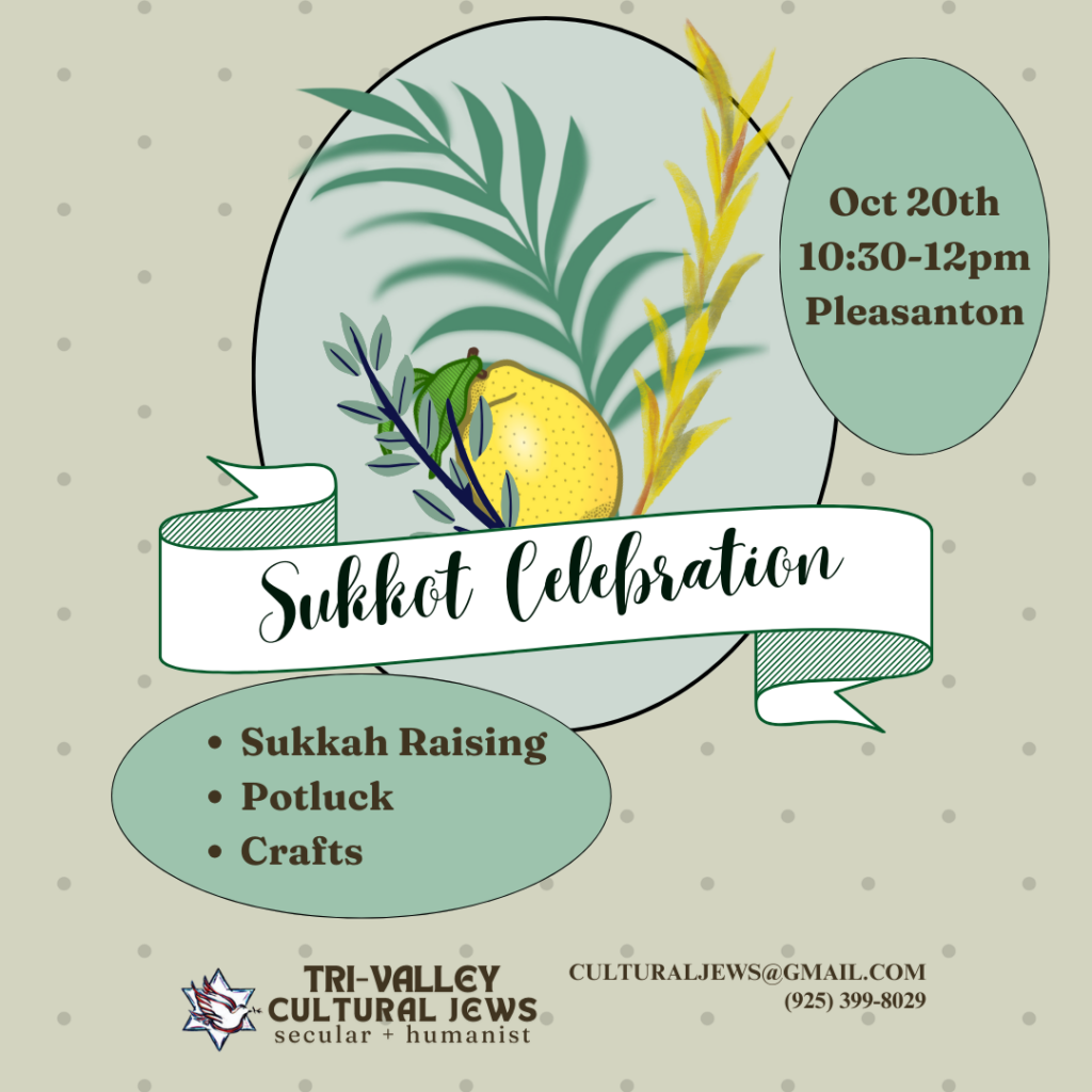 Beige polka dotted background with lulav (branches) and etrog (fruit) centered above Sukkot Celebration. In 2 green ovals, Oct 20th, 10:30-12pm, Pleasanton. And Sukkah Raising, Potluck, Crafts. Tri-Valley Cultural Jews, Secular + Humanist, culturaljews@gmail.com,  (925) 399-8029
