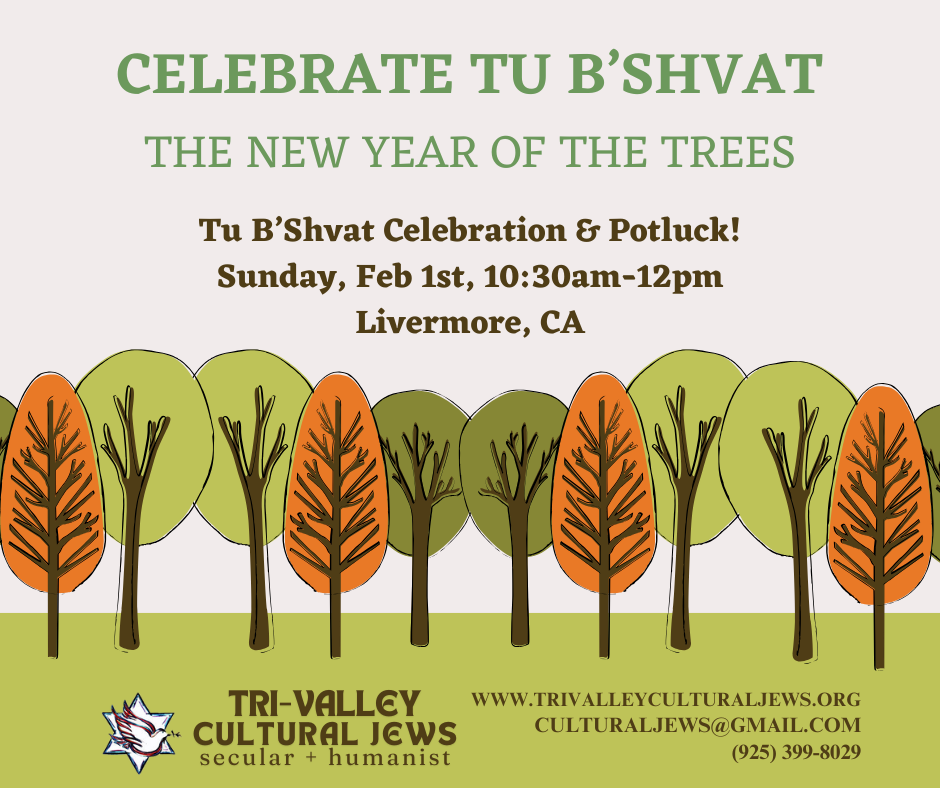 Green and orange stylized trees over a green grass border. Celebrate Tu B'Shvat The New Year of the Trees, Tu B'Shvat Celebration & Potluck! Sunday, Feb 1st, 10:30-12pm, Livermore, CA. Tri-Valley Cultural Jews, Secular + Humanist, www.trivalleyculturaljews.org, culturaljews@gmail.com,  (925) 399-8029
