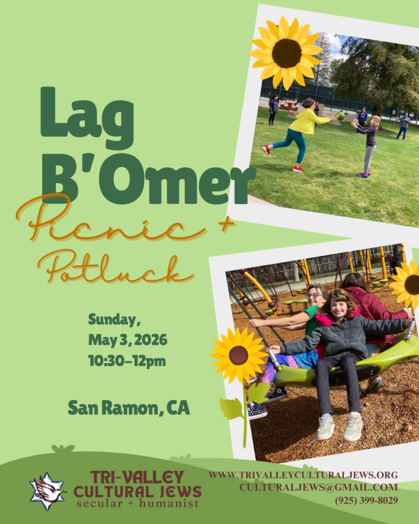 Light green background. Darker green rolling cartoon hills appear at the bottom with the words Tri-Valley Cultural Jews, Secular + Humanist, www.trivalleyculturaljews.org, culturaljews@gmail.com, (925) 399-8029. Lag B'Omer Picnic + Potluck, Sunday, May 3rd, 2026, 10:30am-12pm, San Ramon, CA. Colorful photos of children tossing a melon and piled on a swing, swinging back and forth at outdoor parks.